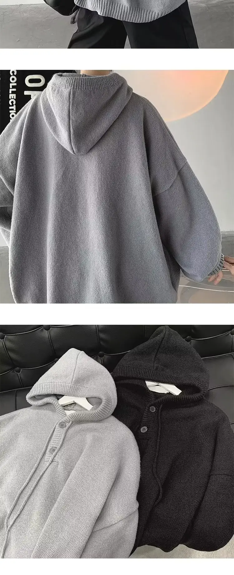 Grey Japanese Retro Hooded Knitted Sweater Jacket — feature 9