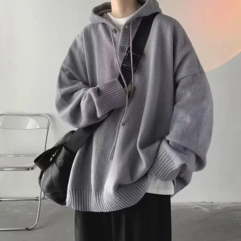 Grey Japanese Retro Hooded Knitted Sweater Jacket - Image 2