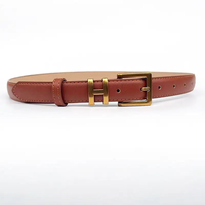 Women's Brown Leather Belt with Gold Buckle Small Size - Image 8