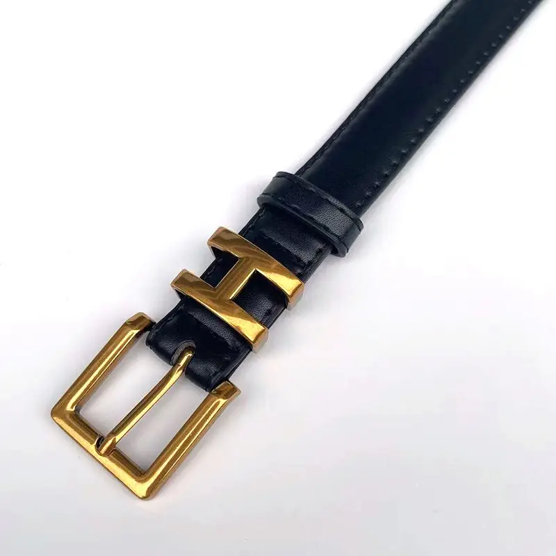 Women's Brown Leather Belt with Gold Buckle Small Size - Image 9