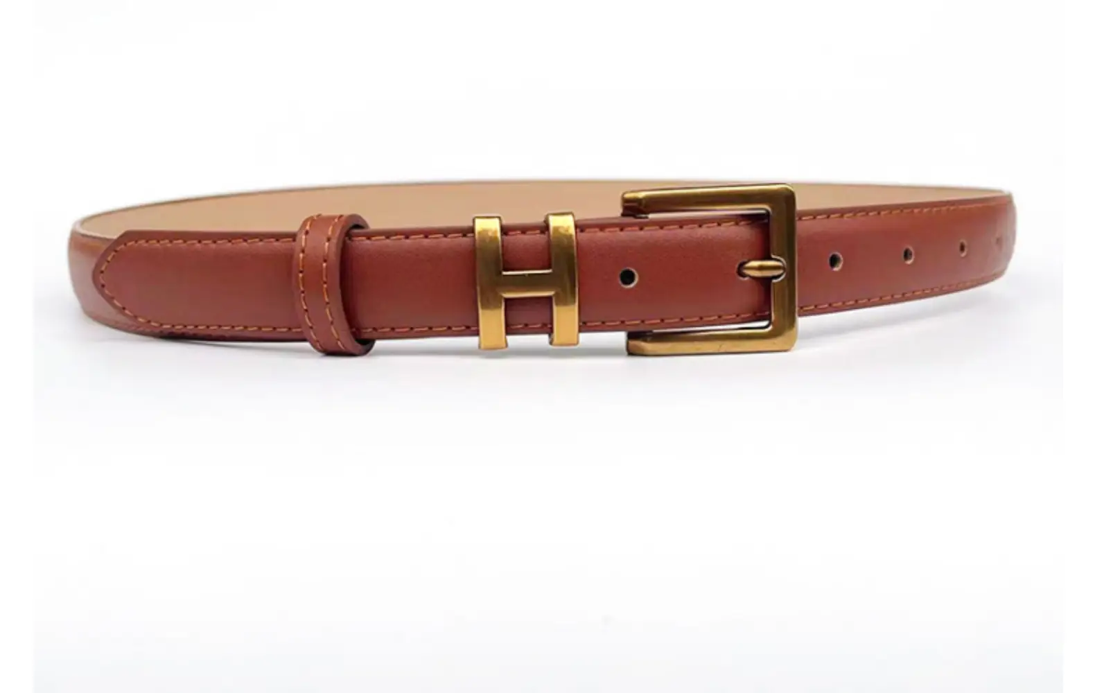 Women's Brown Leather Belt with Gold Buckle Small Size — feature 23