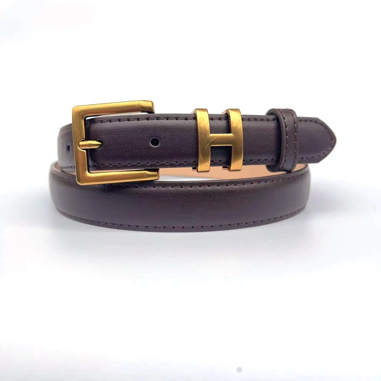 Women's Brown Leather Belt with Gold Buckle Small Size - Image 3