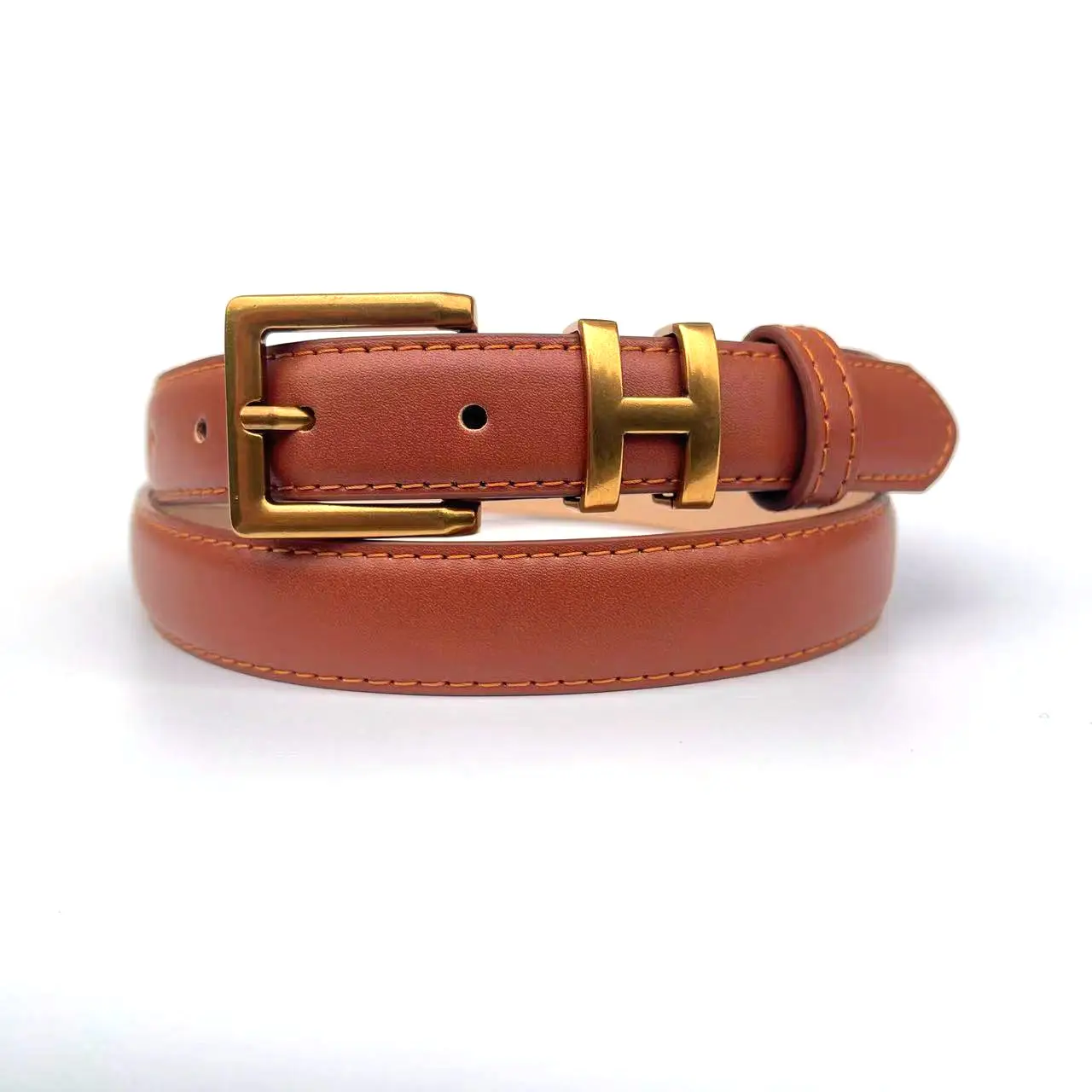 Women's Brown Leather Belt with Gold Buckle Small Size - Image 4