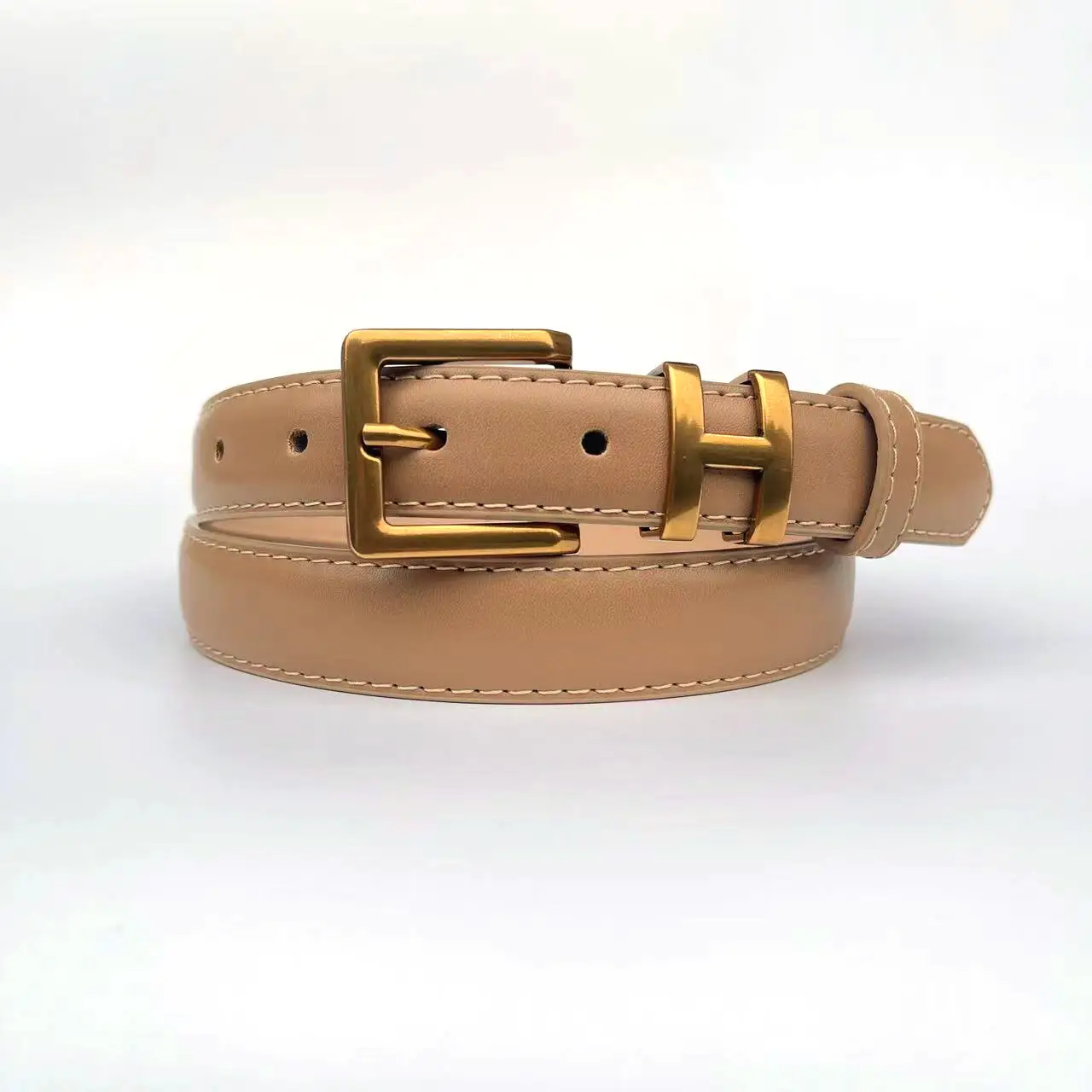 Women's Brown Leather Belt with Gold Buckle Small Size - Image 5
