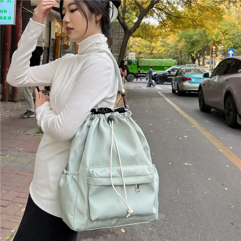 White Drawstring Shoulder Bag for Students