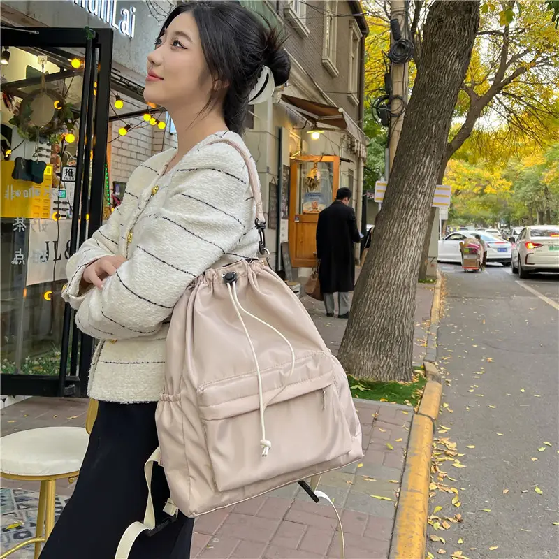 White Drawstring Shoulder Bag for Students