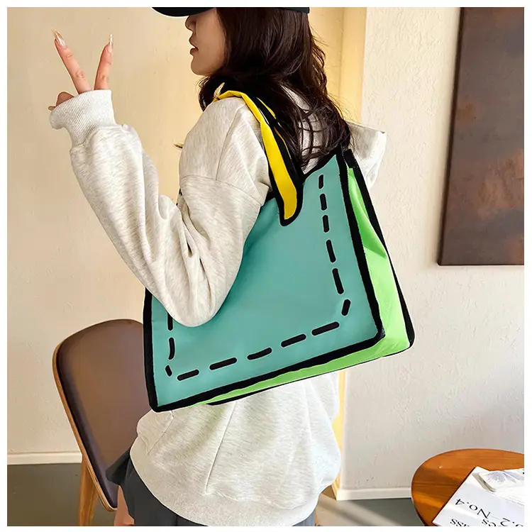 2023 Cartoon Japanese Girl Canvas Shoulder Bag Yellow Green — feature 14