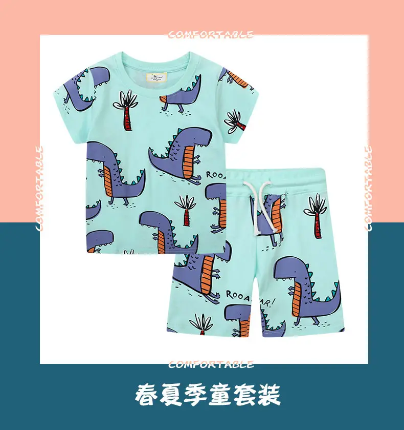 Boys Cartoon Dinosaur T-Shirt Shorts Set Light Blue — feature 2