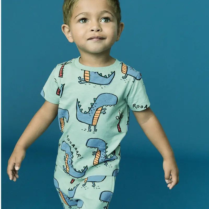 Boys Cartoon Dinosaur T-Shirt Shorts Set Light Blue — feature 3