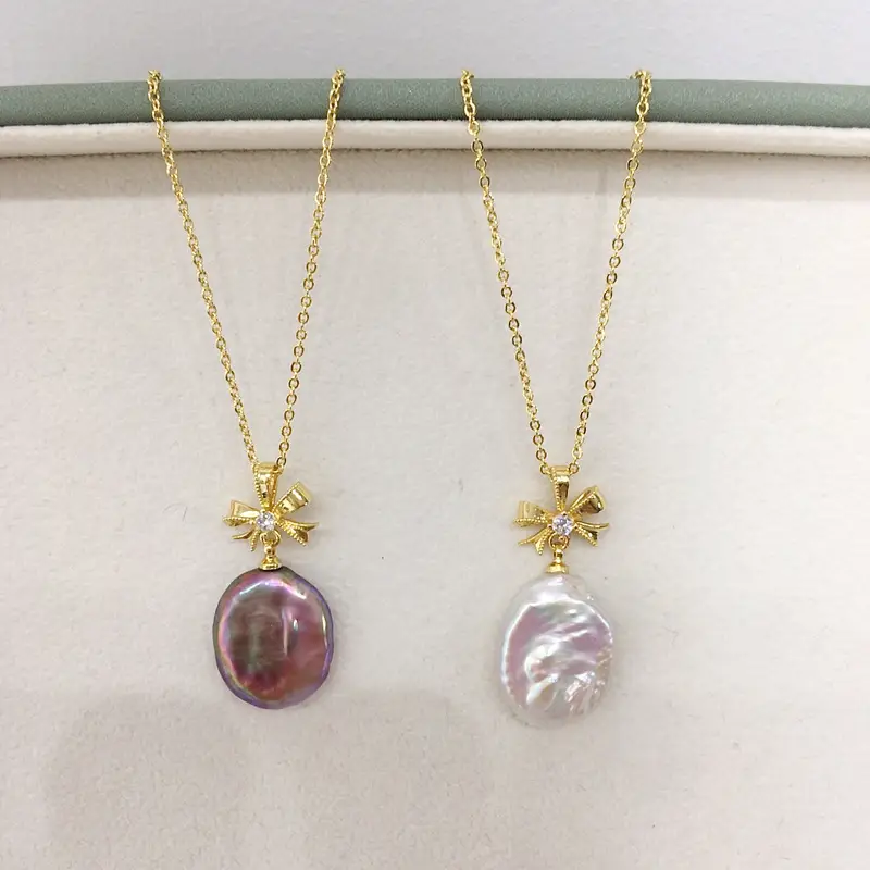 Natural Pearl Pendant Light Gold Bow Baroque Jewelry - Image 3