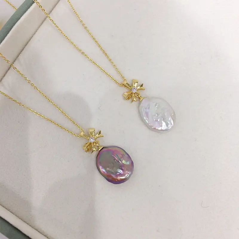 Natural Pearl Pendant Light Gold Bow Baroque Jewelry - Image 4
