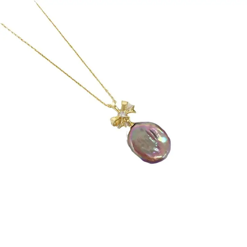 Natural Pearl Pendant Light Gold Bow Baroque Jewelry - Image 6