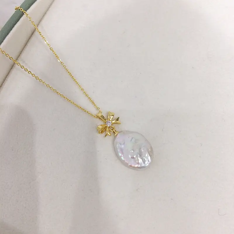 Natural Pearl Pendant Light Gold Bow Baroque Jewelry — feature 6