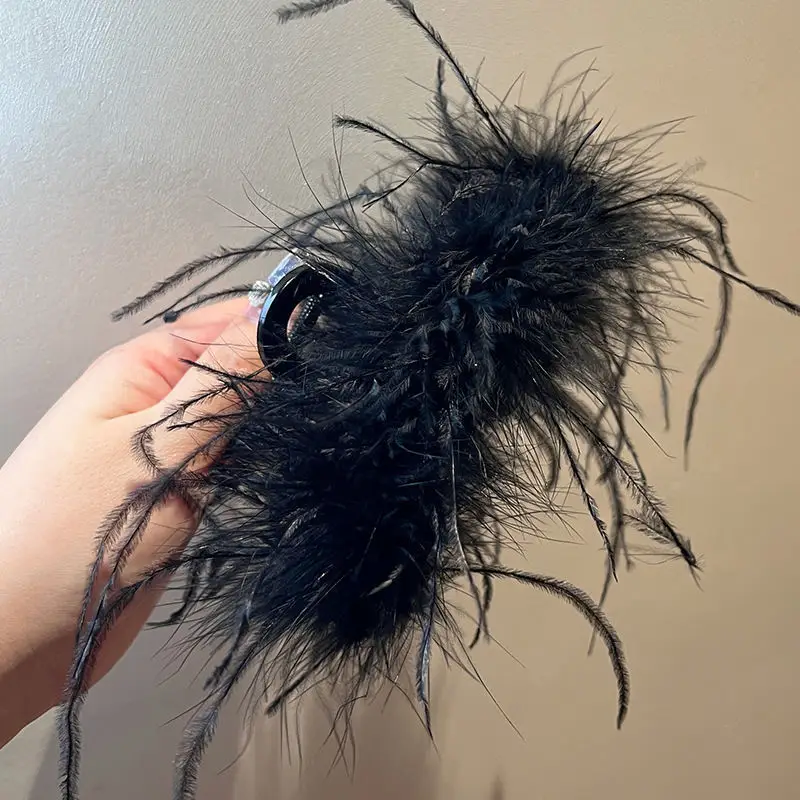 Black Ostrich Hair Clip for Women High-Grade Hair Accessory