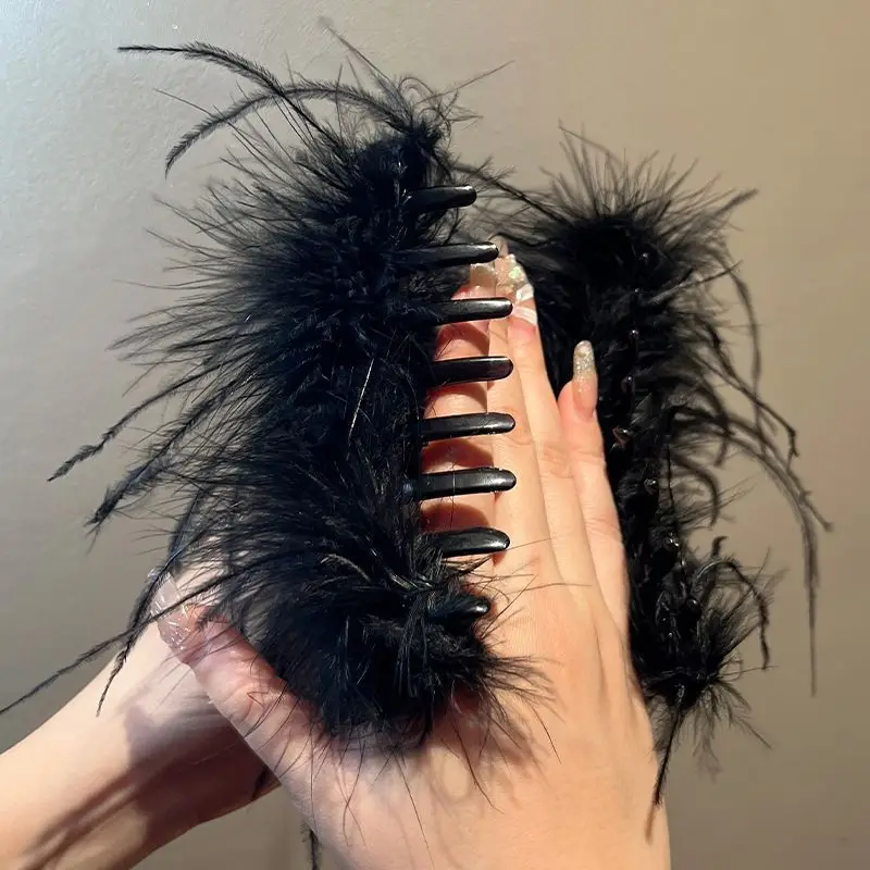 Black Ostrich Hair Clip for Women High-Grade Hair Accessory