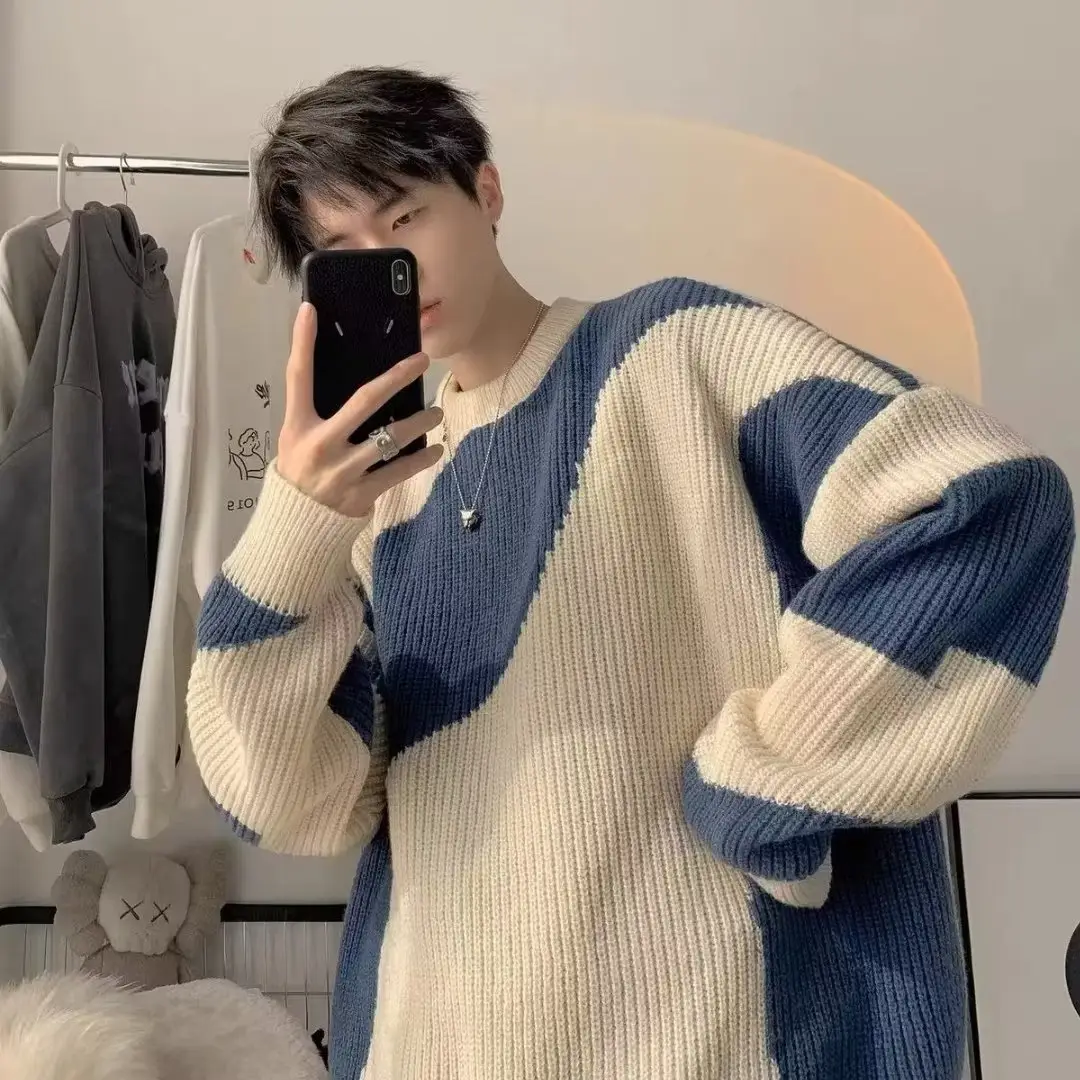 Men's Blue & Cream Pullover Sweater Lazy Style Ins - Image 3