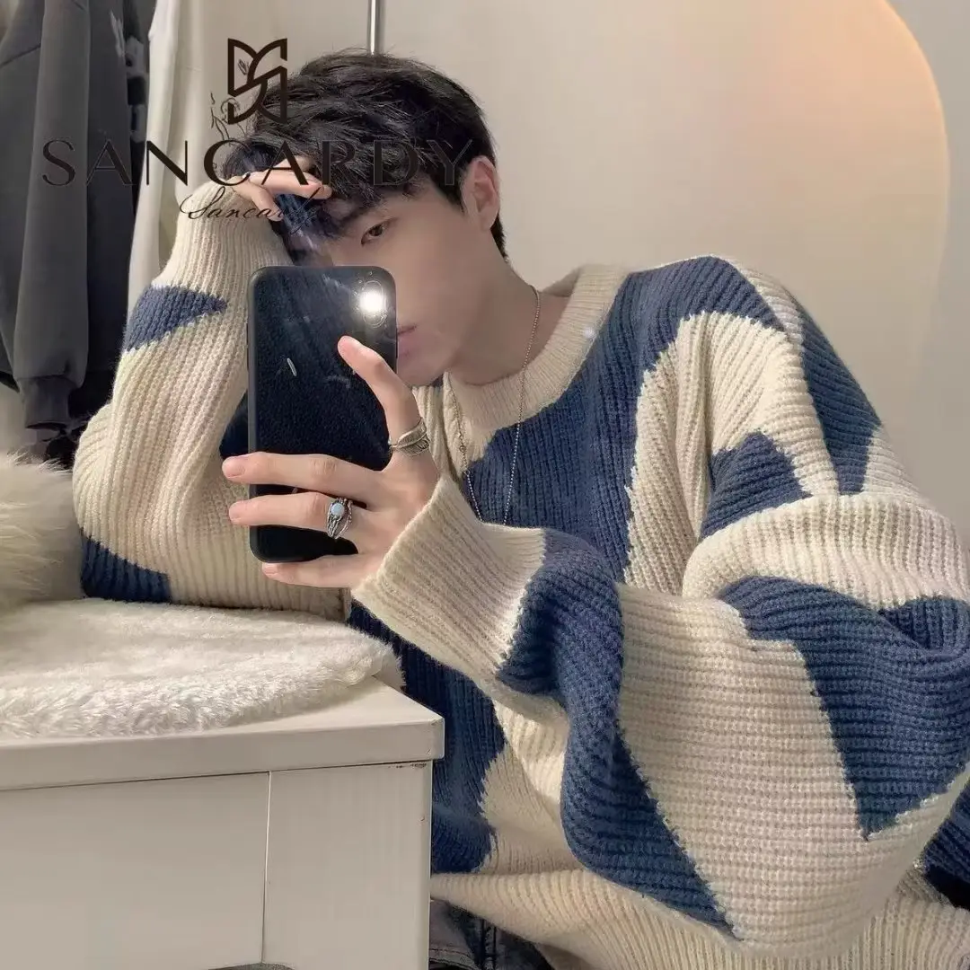 Men's Blue & Cream Pullover Sweater Lazy Style Ins - Image 2