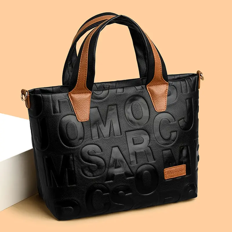 Black Embossed Letter Tote Bag for Women with Red Handles - Image 4