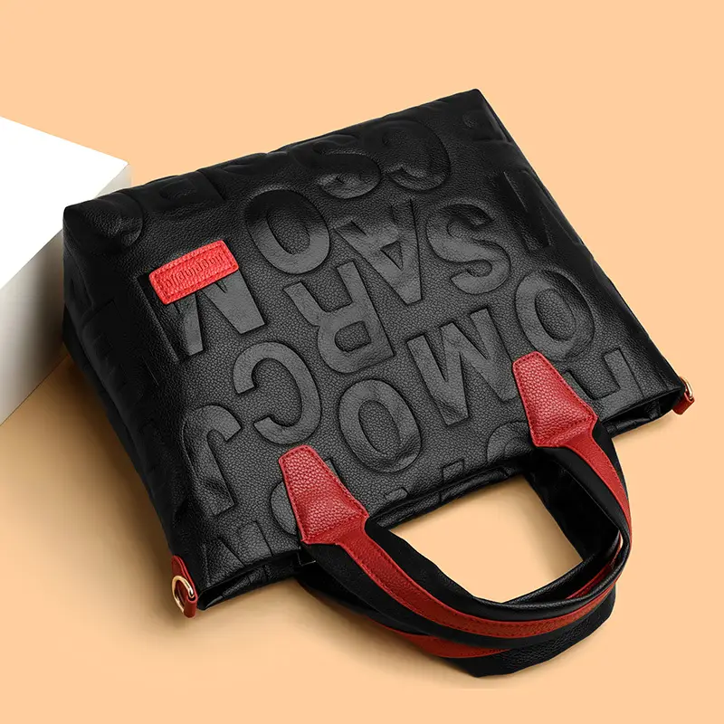 Black Embossed Letter Tote Bag for Women with Red Handles - Image 5