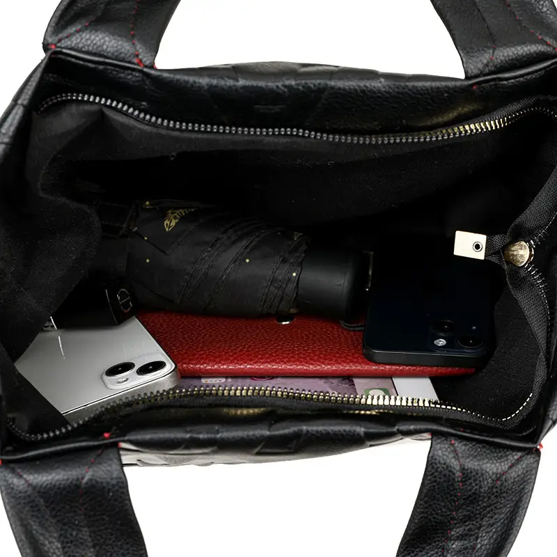 Black Embossed Letter Tote Bag for Women with Red Handles - Image 6