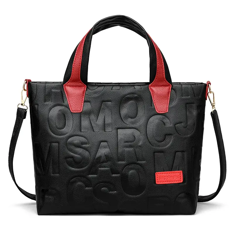 Black Embossed Letter Tote Bag for Women with Red Handles - Image 7