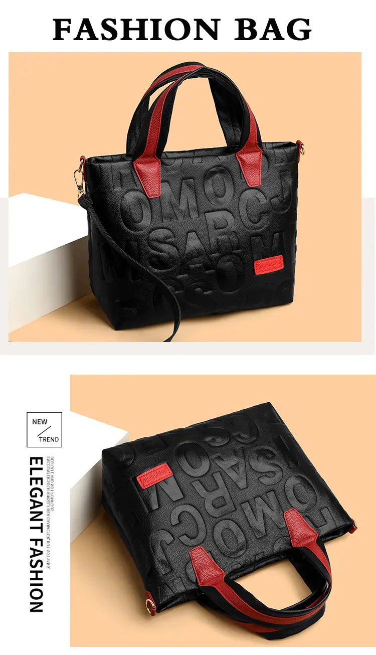 Black Embossed Letter Tote Bag for Women with Red Handles — feature 10