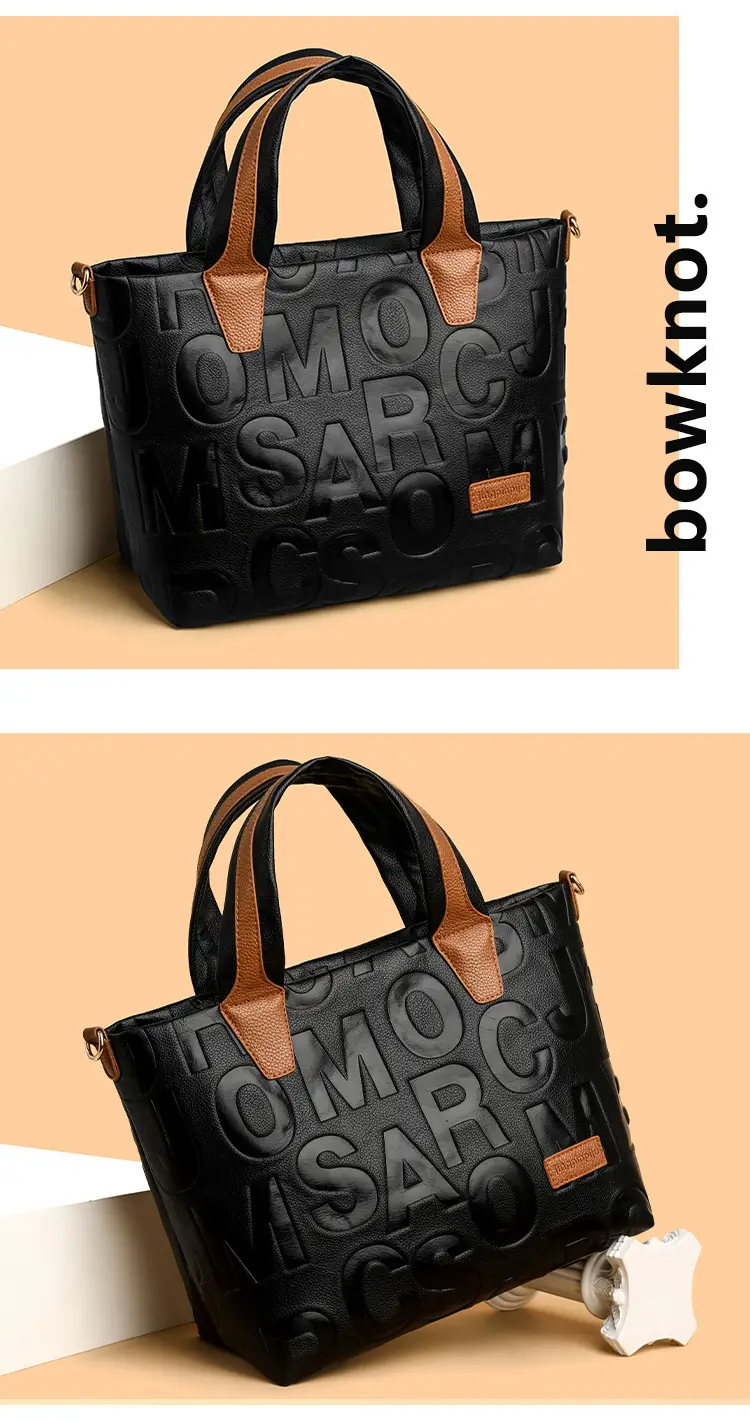 Black Embossed Letter Tote Bag for Women with Red Handles — feature 11