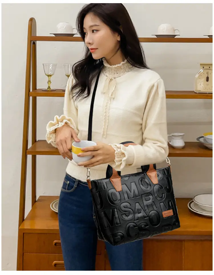 Black Embossed Letter Tote Bag for Women with Red Handles — feature 13