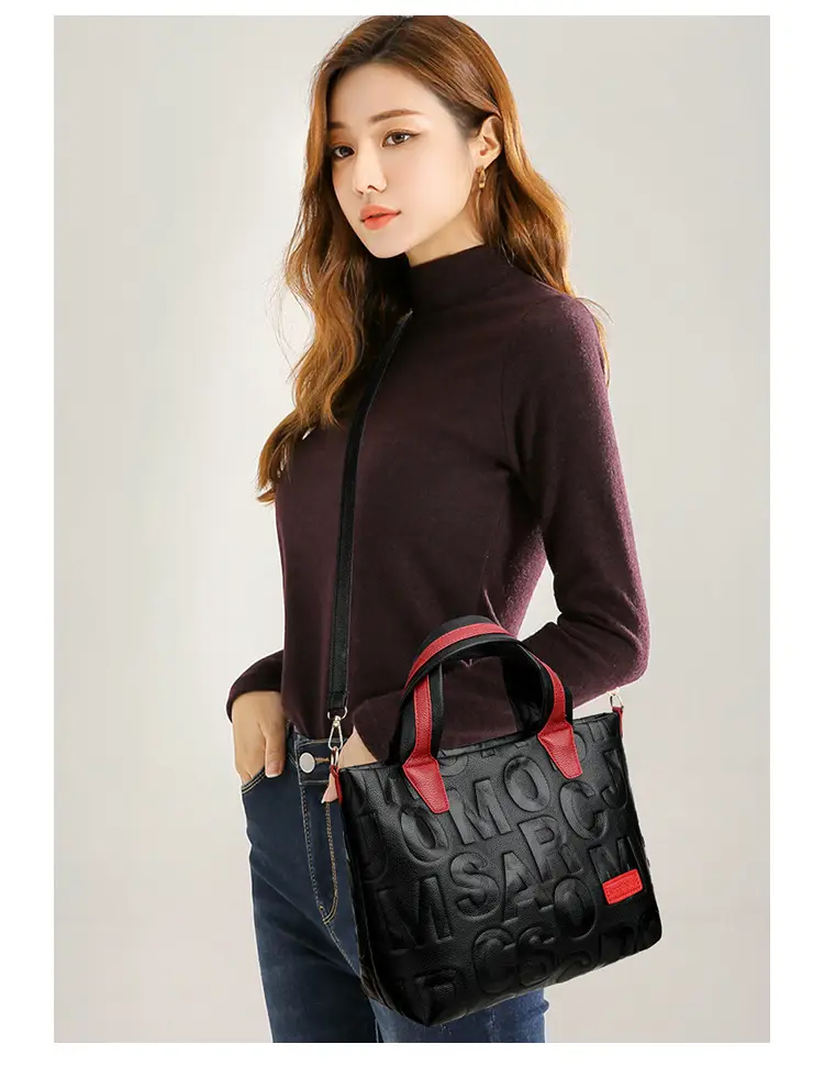 Black Embossed Letter Tote Bag for Women with Red Handles — feature 14