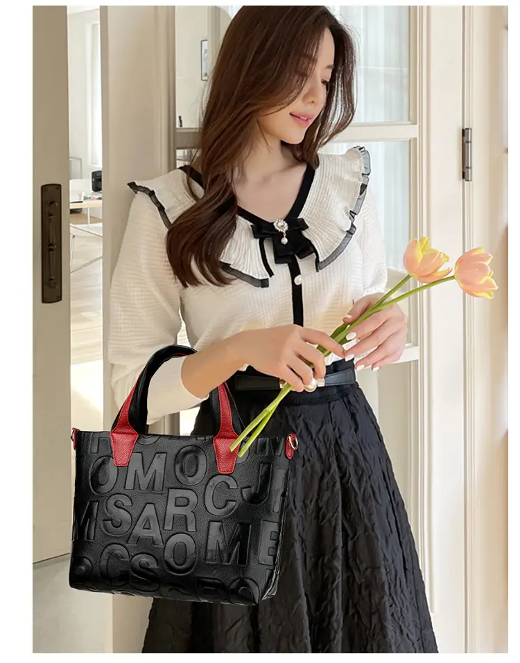 Black Embossed Letter Tote Bag for Women with Red Handles — feature 15