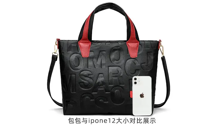 Black Embossed Letter Tote Bag for Women with Red Handles — feature 17