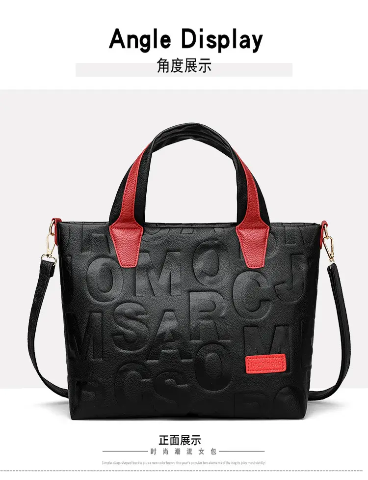 Black Embossed Letter Tote Bag for Women with Red Handles — feature 19