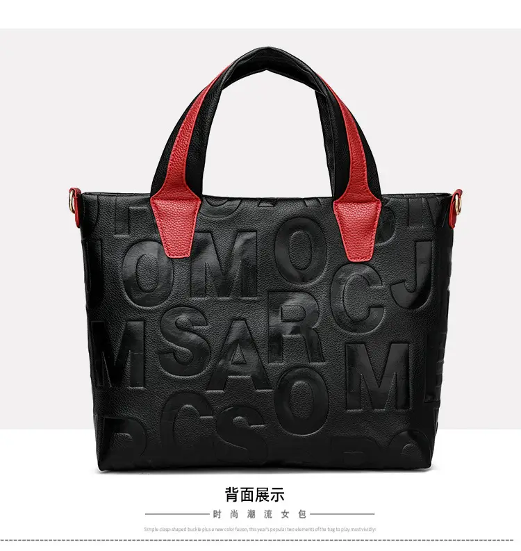 Black Embossed Letter Tote Bag for Women with Red Handles — feature 22