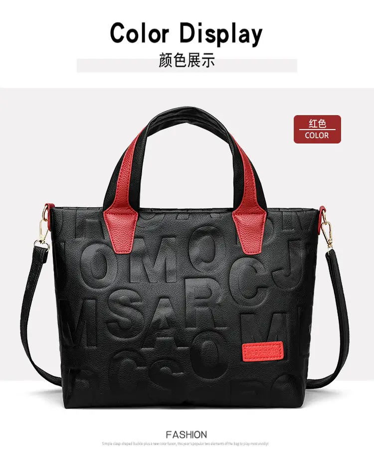 Black Embossed Letter Tote Bag for Women with Red Handles — feature 24