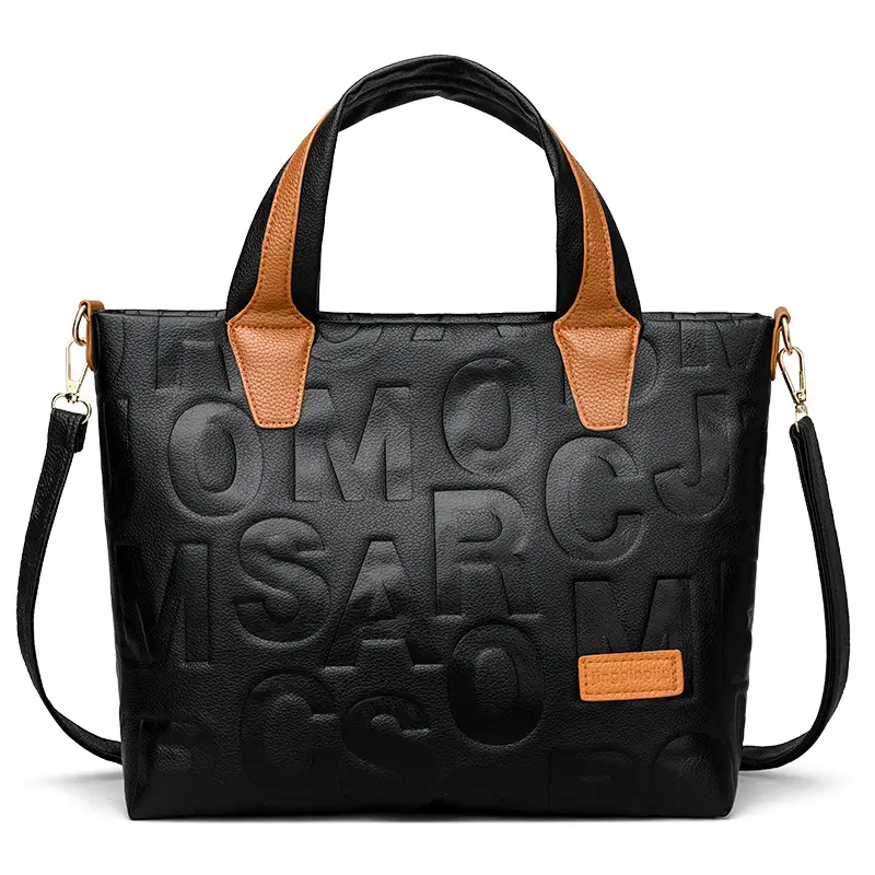 Black Embossed Letter Tote Bag for Women with Red Handles - Image 2