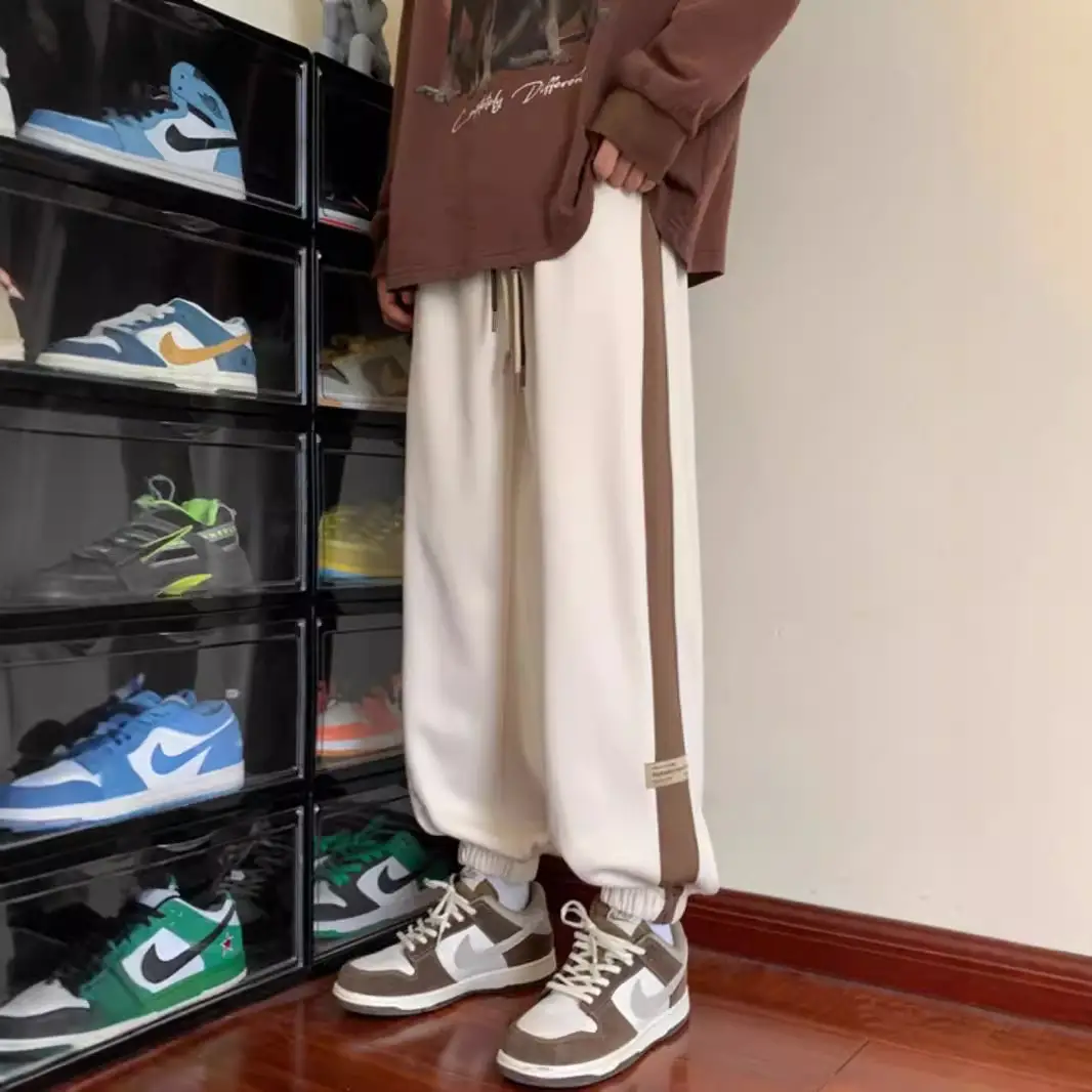 Men's Brown Leg-Tie Sports Pants with White Stripes