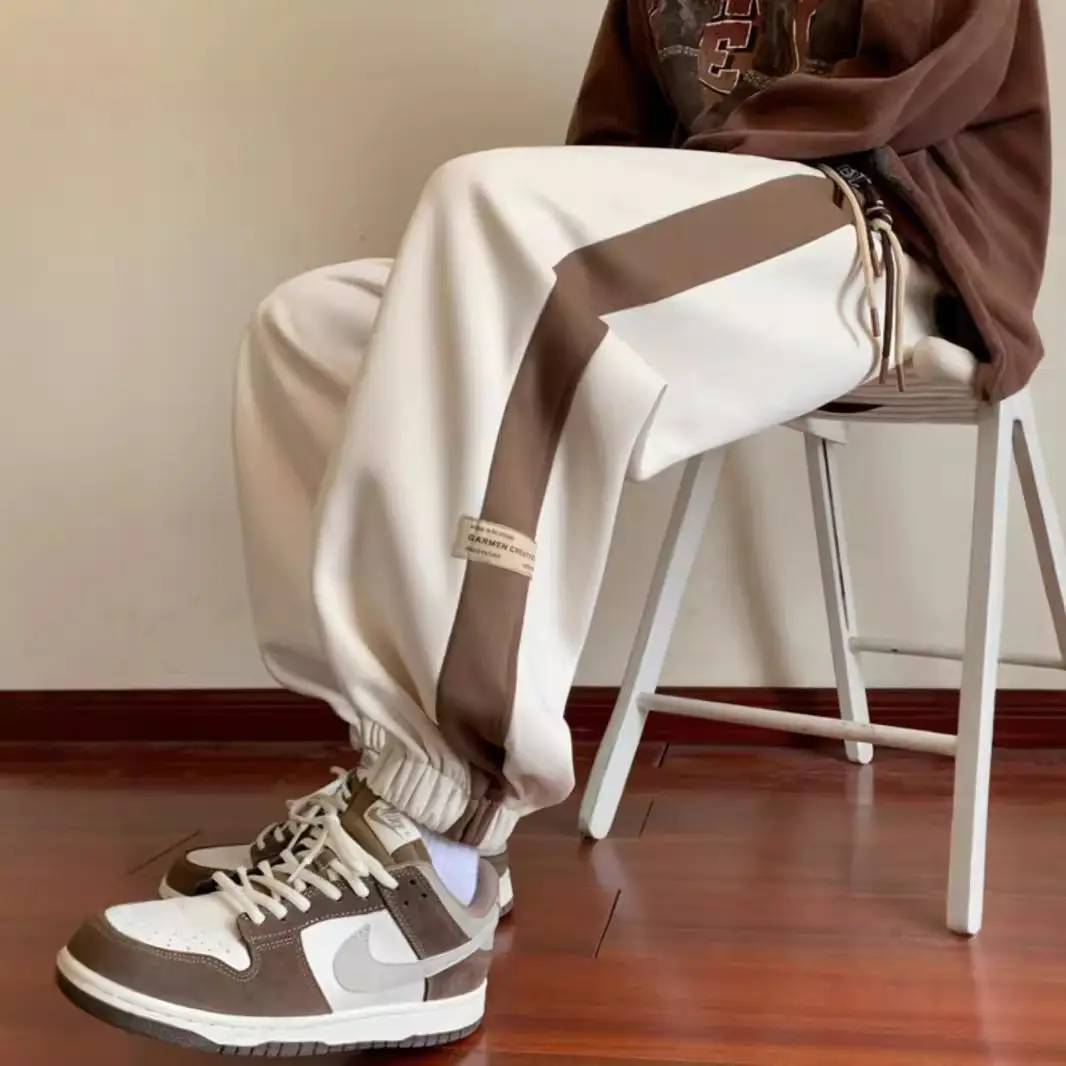 Men's Brown Leg-Tie Sports Pants with White Stripes