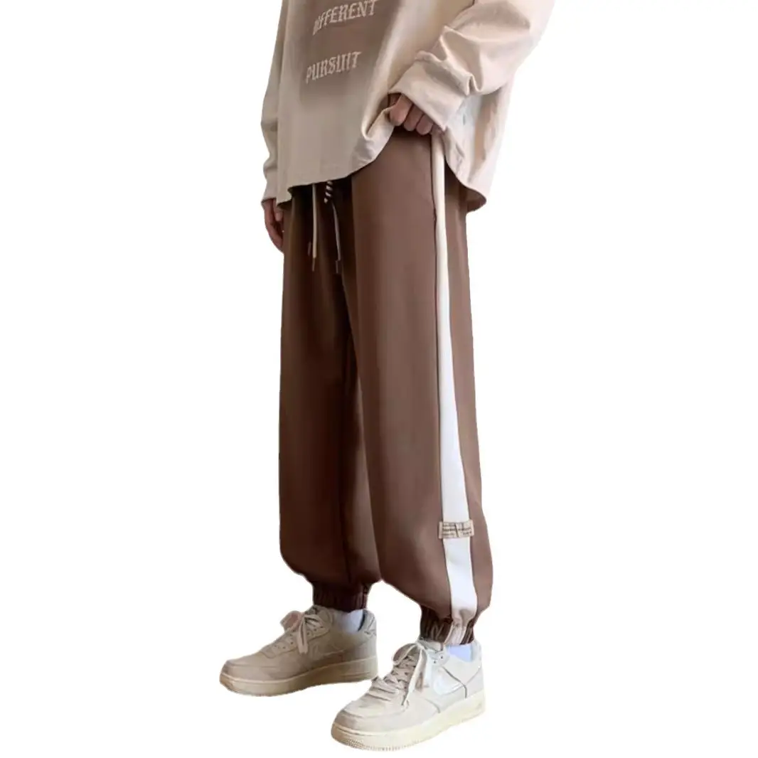 Men's Brown Leg-Tie Sports Pants with White Stripes