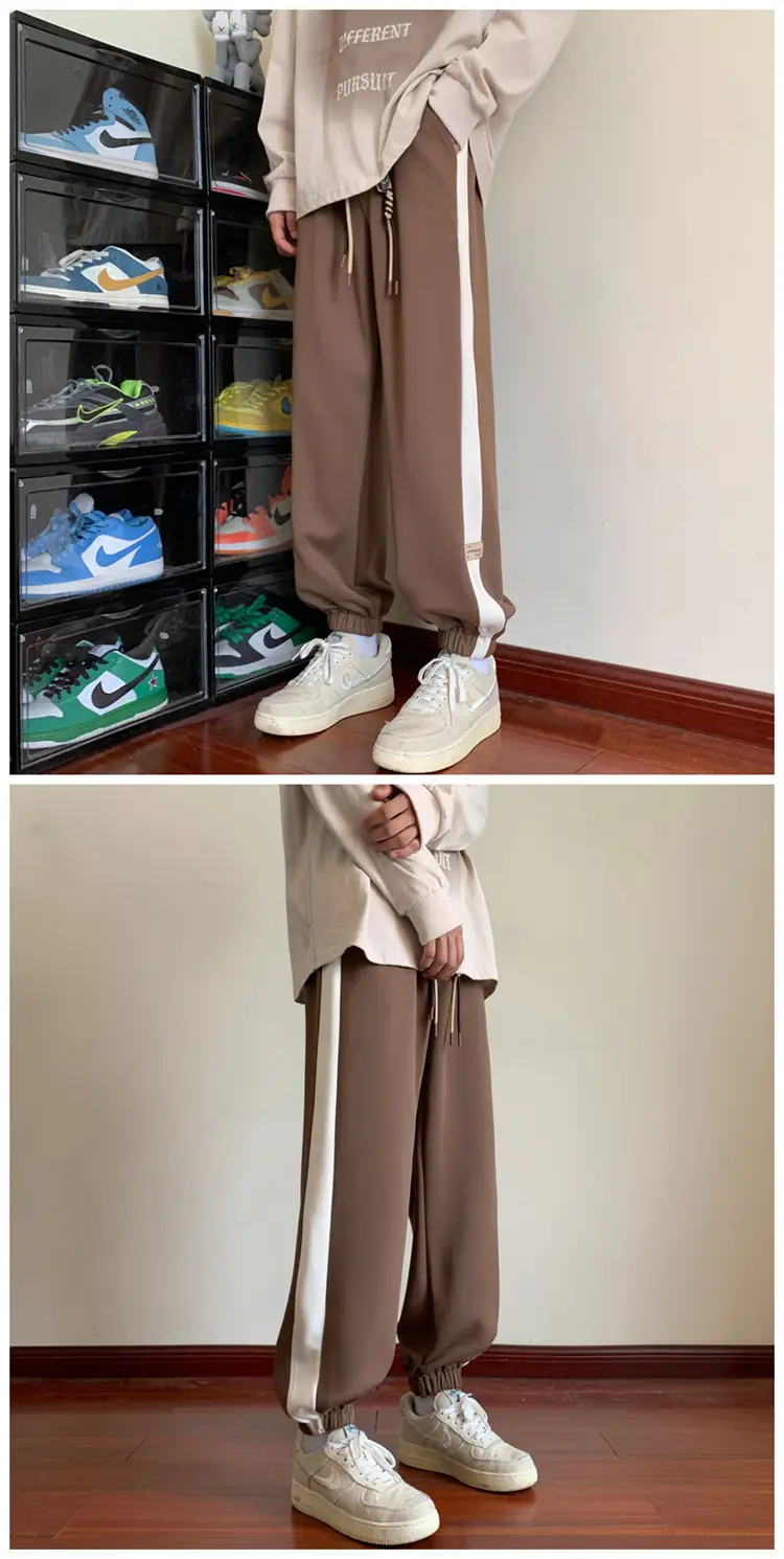 Men's Brown Leg-Tie Sports Pants with White Stripes — feature 9