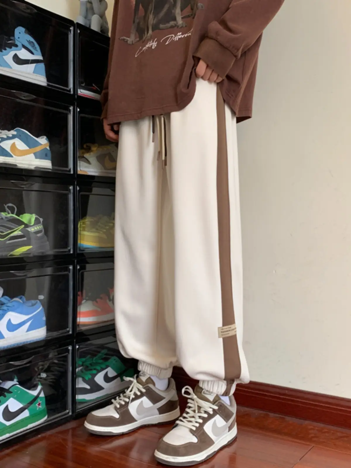 Men's Brown Leg-Tie Sports Pants with White Stripes
