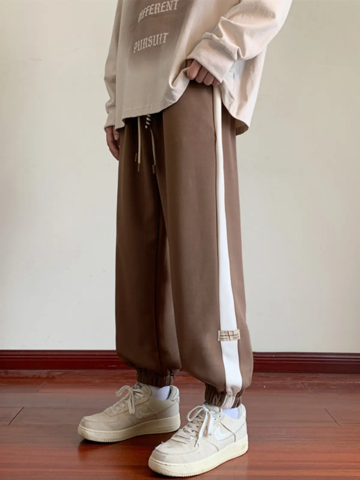 Men's Brown Leg-Tie Sports Pants with White Stripes