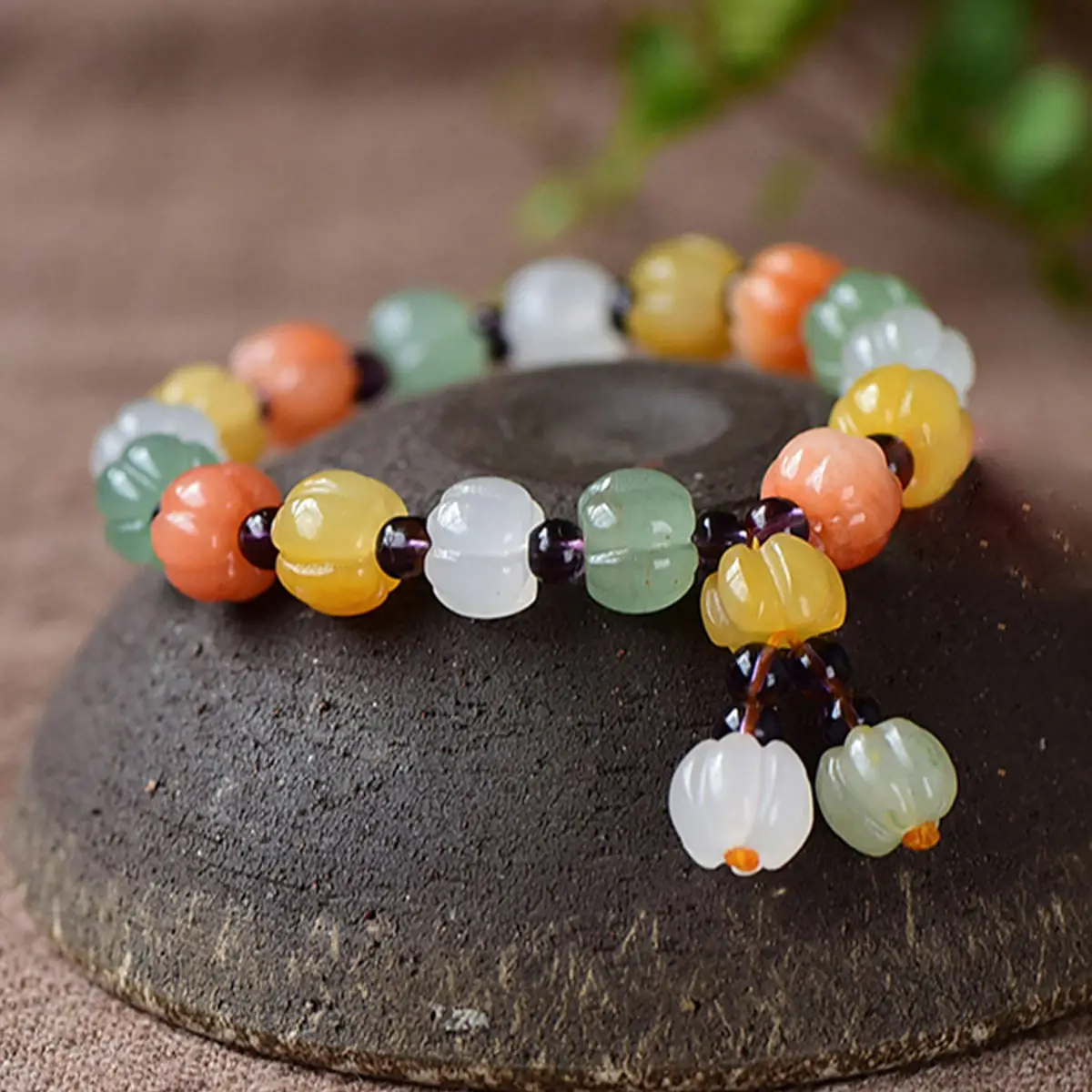 Multi-Treasure Gold Silk Jade Bracelet with Pumpkin Beads