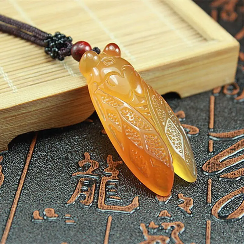 Jade Cicada Pendant with Leaf Design, Golden Yellow, Elegant Jewelry — feature 5
