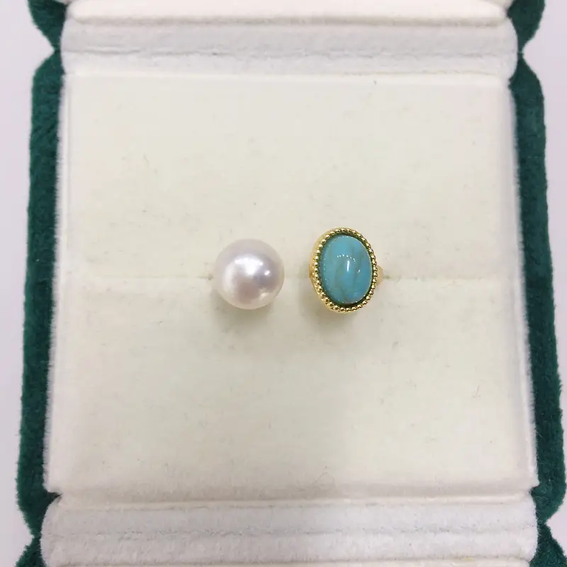 Natural Freshwater Pearl Open Ring with Turquoise Stone 18K Gold - Image 4
