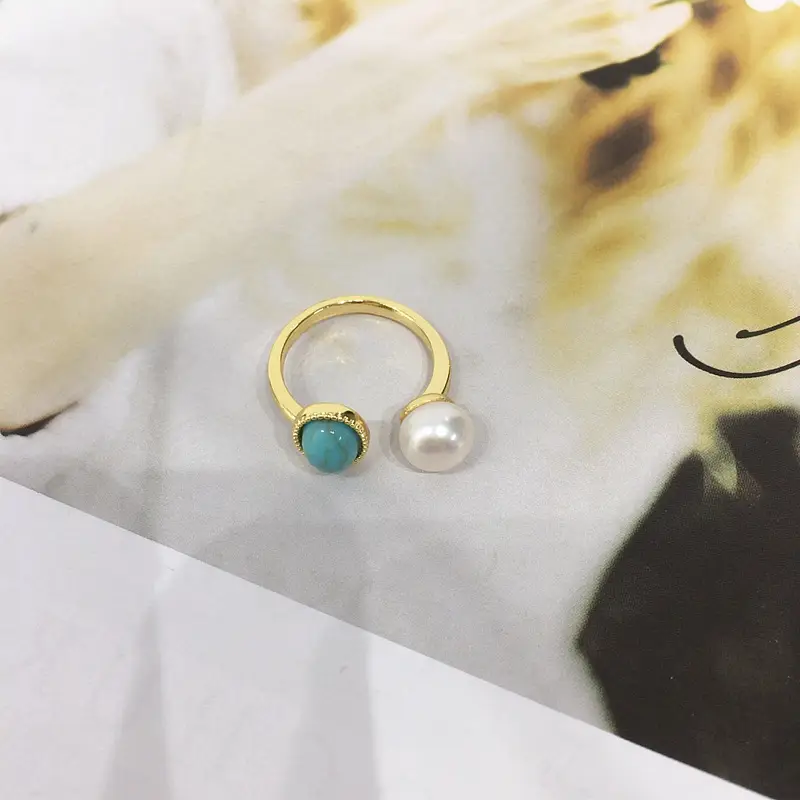 Natural Freshwater Pearl Open Ring with Turquoise Stone 18K Gold - Image 5