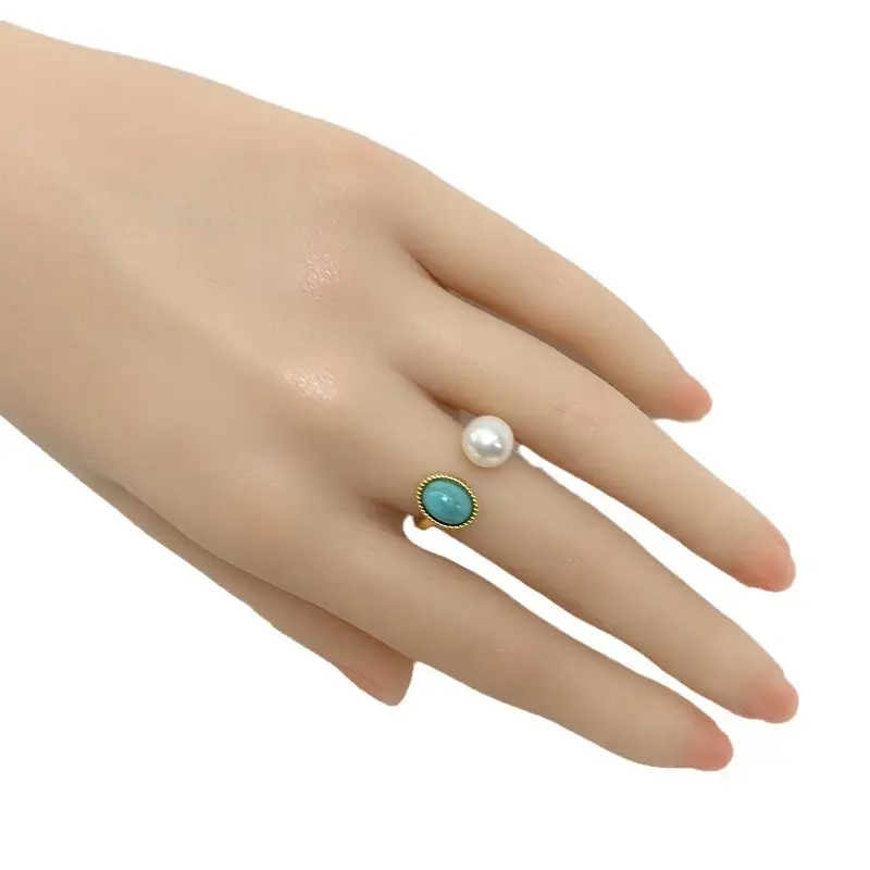 Natural Freshwater Pearl Open Ring with Turquoise Stone 18K Gold - Image 7