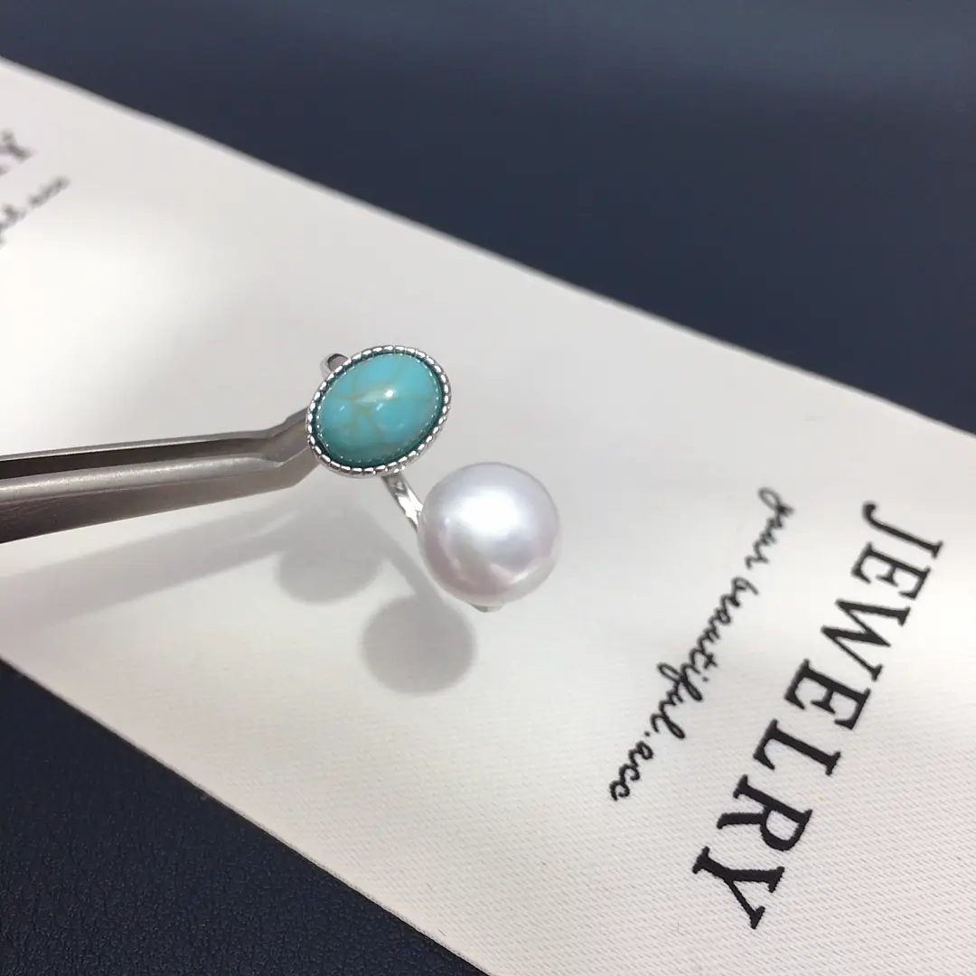 Natural Freshwater Pearl Open Ring with Turquoise Stone 18K Gold — feature 10