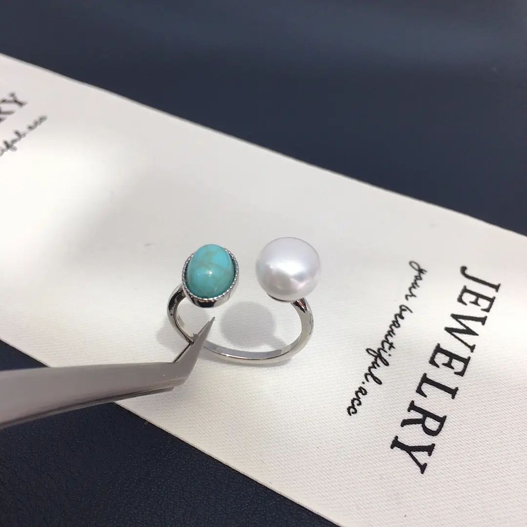 Natural Freshwater Pearl Open Ring with Turquoise Stone 18K Gold — feature 11