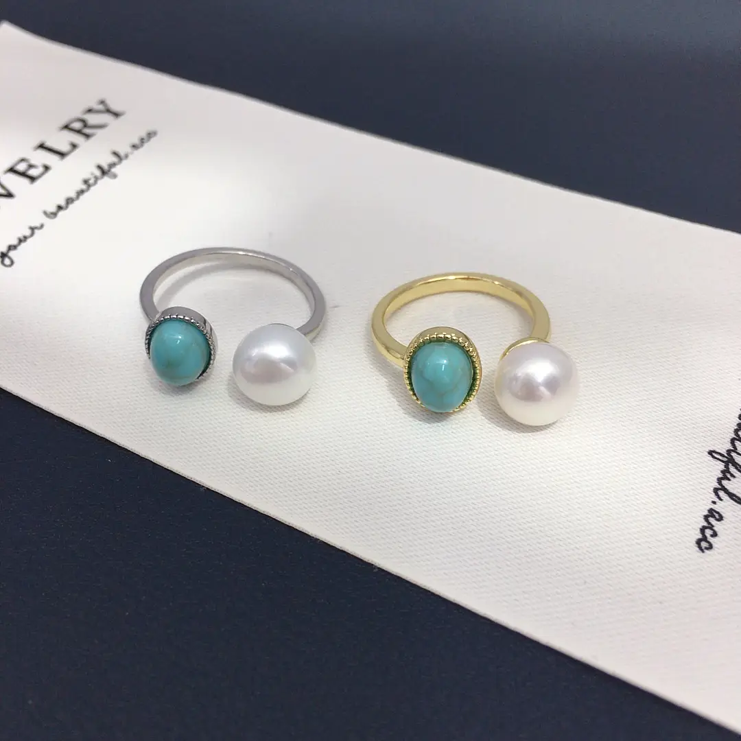 Natural Freshwater Pearl Open Ring with Turquoise Stone 18K Gold — feature 2