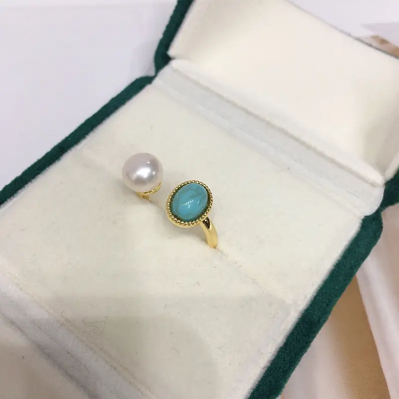 Natural Freshwater Pearl Open Ring with Turquoise Stone 18K Gold — feature 5